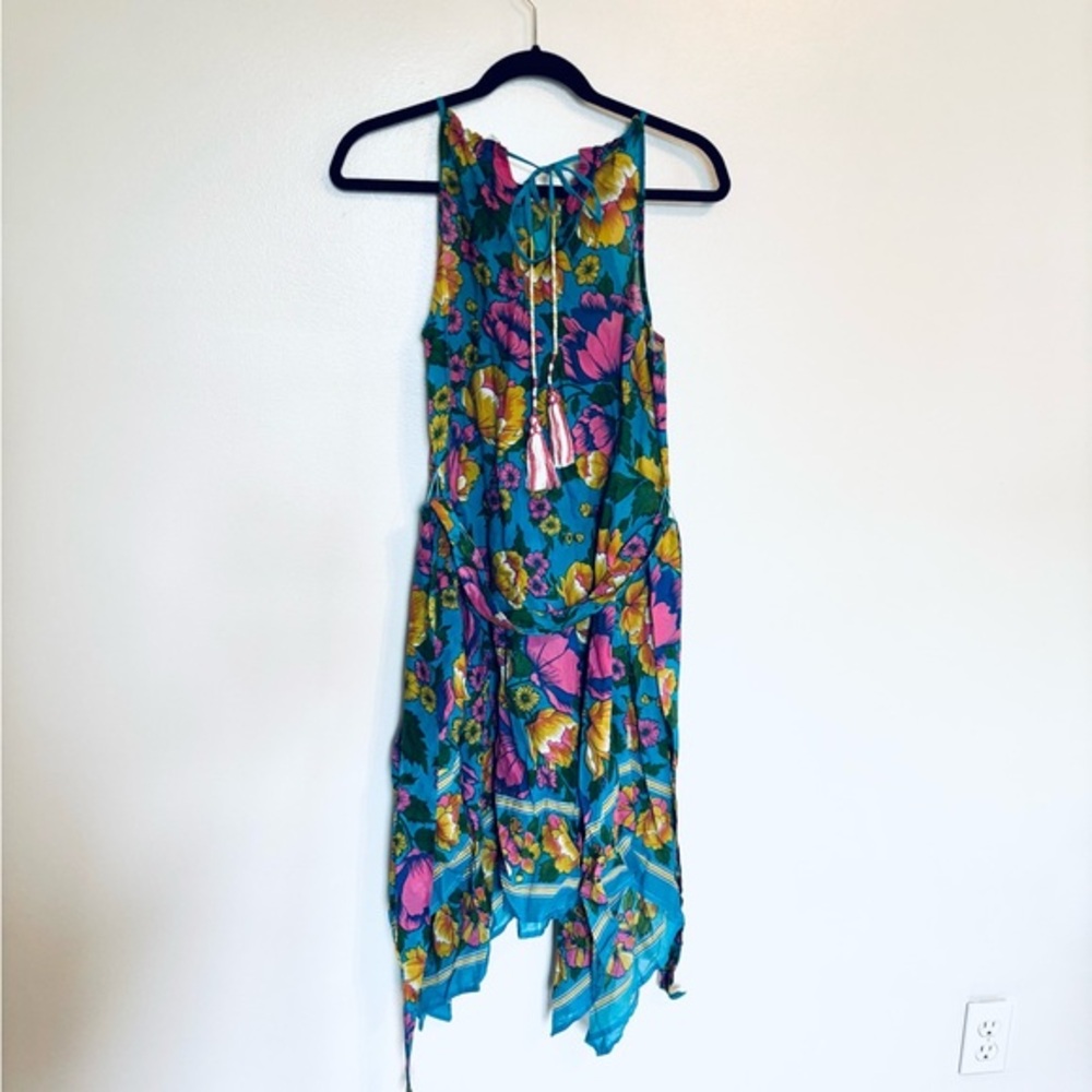 Anthropologie Lilka Dinan halter blue floral dress with handkerchief hem size s